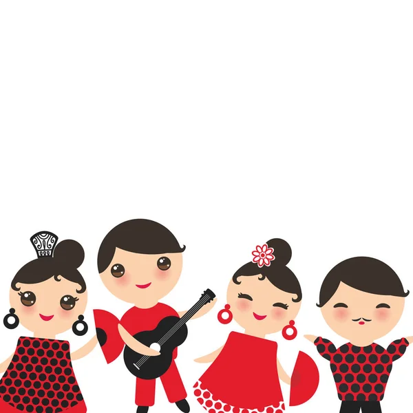 Desain Kartu Penari Flamenco Spanyol Templat Banner Kawaii Wajah Lucu - Stok Vektor