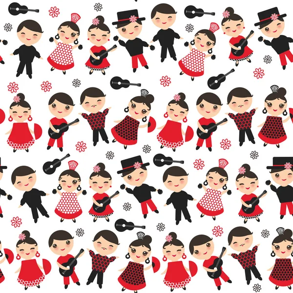 Seamless Pattern Spanish Flamenco Dancer Kawaii Cute Face Pink Cheeks — Stock Vector