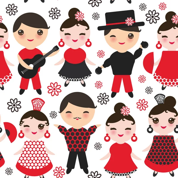 Dikişsiz desen İspanyol Flamenko dansçısı. Kawaii sevimli yüzü pembe yanaklar ve kırpışan gözleri. Çingene kız ve erkek, kırmızı siyah beyaz elbise, puantiyeli kumaş, beyaz arka plan üzerinde göl kenarında. Vektör çizim