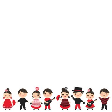 Spanish flamenco dancer card design, banner template. Kawaii cute face with pink cheeks winking eyes. Gipsy girl and boy, red black white dress, polka dot fabric, Isolated on white background. Vector illustration