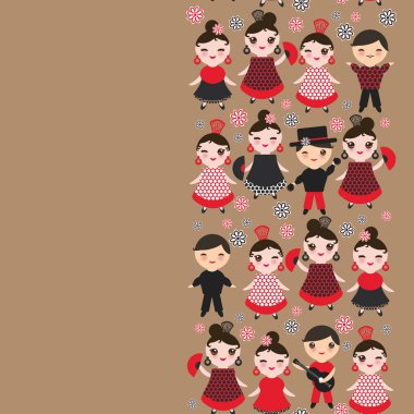 İspanyol kadın flamenko dansçısı. Kawaii sevimli yüzü pembe yanaklar ve kırpışan gözleri. Çingene kız, kırmızı siyah elbise, puantiyeli kumaş, açık kahverengi renkli afiş şablonunda, kart tasarımı. Vektör çizim