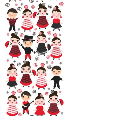 İspanyol kadın flamenko dansçısı. Kawaii sevimli yüzü pembe yanaklar ve kırpışan gözleri. Çingene kız, kırmızı siyah elbise, puantiyeli kumaş, beyaz arka plan afiş şablonunda, kart tasarımı. Vektör çizim