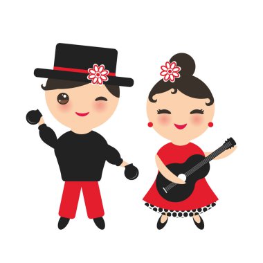 İspanyol Flamenko dansçısı küme. Kawaii sevimli yüzü pembe yanaklar ve kırpışan gözleri. Gitar ile Gipsy kız ve erkek kastanyet, kırmızı siyah beyaz elbise, beyaz arka plan üzerinde göl kenarında. Vektör çizim