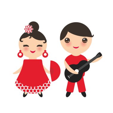İspanyol Flamenko dansçısı küme. Fan ile Gipsy kız ve erkek ile gitar, kırmızı beyaz elbise, beyaz arka plan üzerinde göl kenarında. Kawaii sevimli yüzü pembe yanaklar ve kırpışan gözleri. Vektör çizim