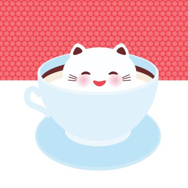 Mavi beyaz pembe polka dot duvar arka plan üzerinde izole köpük sanat kahve fincan şirin Kawai kedi. Latte sanat 3d. bir fincan sıcak kahve veya çikolata süt köpüğü yukarısı. Vektör çizim