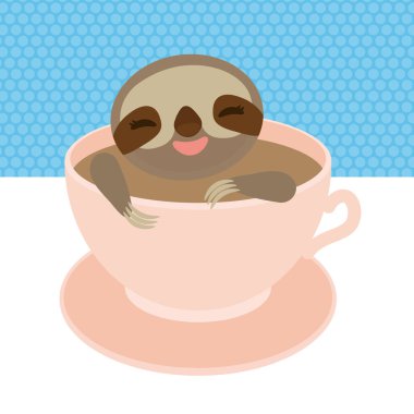 Sloth in a Pink cup coffee, tea, Three-toed sloth isolated on white background. Vector illustration clipart