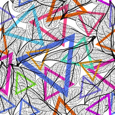 Siyah kontür, gökkuşağı pembe pembe turuncu mavi lila mor yeşil üçgenler modern trendy bırakır. çiçek seamless modeli çizilmiş. Site, blog, kumaş için geometrik arka plan. Vektör çizim