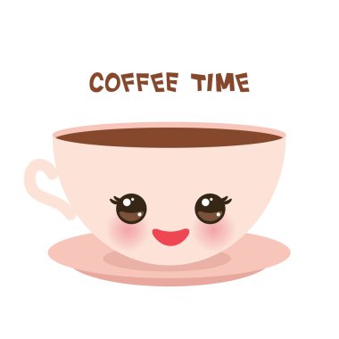 Beyaz arka plan üzerinde izole şirin pembe Kawai kupa. Kahve saati Banner şablon metni, kart tasarımı. Vektör çizim