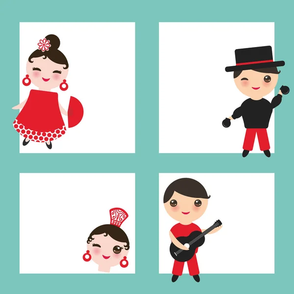 Desain Kartu Penari Flamenco Spanyol Templat Banner Kawaii Wajah Lucu - Stok Vektor