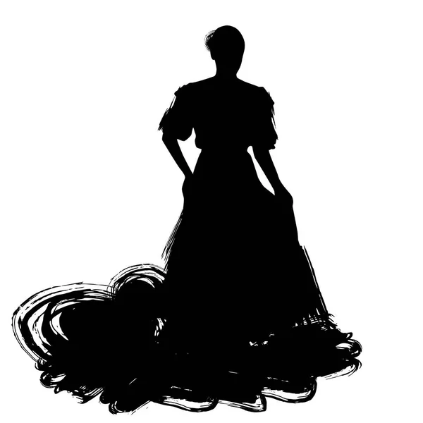 長いドレスを着た女性は ポーズをダンスに滞在します エストレマドゥーラ州ムルシア アンダルシアのフラメンコ ダンサーのスペインの領域 白い背景ブラシの輪郭に黒いシルエット免震をスケッチします ベクトル図 — ストックベクタ
