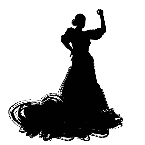 Γυναίκα Στο Μακρύ Φόρεμα Διαμονή Στο Χορό Πόζα Φλαμένκο Χορεύτρια — Διανυσματικό Αρχείο