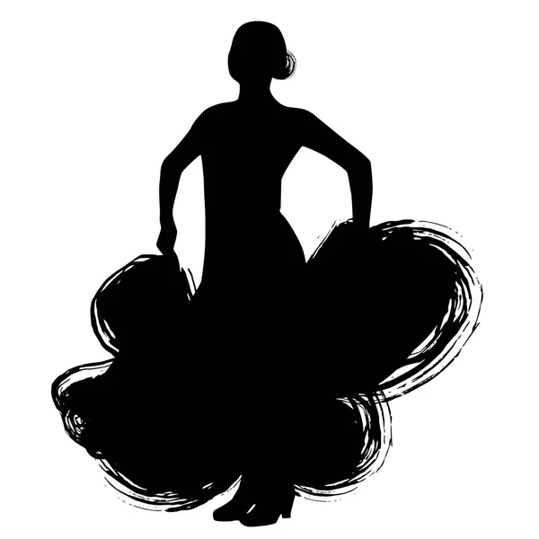 長いドレスを着た女性は ポーズをダンスに滞在します エストレマドゥーラ州ムルシア アンダルシアのフラメンコ ダンサーのスペインの領域 白い背景ブラシの輪郭に黒いシルエット免震をスケッチします ベクトル図 — ストックベクタ