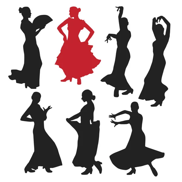 ダンスのポーズでドレス滞在で女性のセットです アンダルシア エストレマドゥーラ州 ムルシアのフラメンコ ダンサーのスペイン語の地域 黒シルエット ホワイト バック グラウンド ブラシ — ストックベクタ