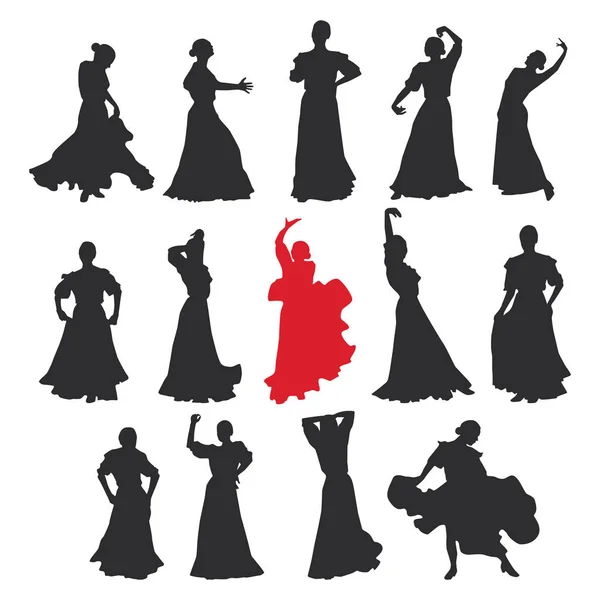 Jogo Mulheres Vestido Ficar Dança Pose Dança Flamenco Regiões Espanholas — Vetor de Stock