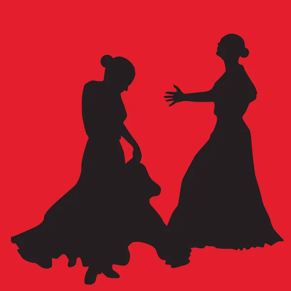 Vrouw Lange Jurk Blijf Dancing Pose Flamencodanser Spaans Zwarte Silhouet — Stockvector