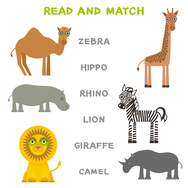 Crianças Palavras Aprendendo Planilha Jogo Ler Combinar Animais Engraçados Zebra — Vetor de Stock