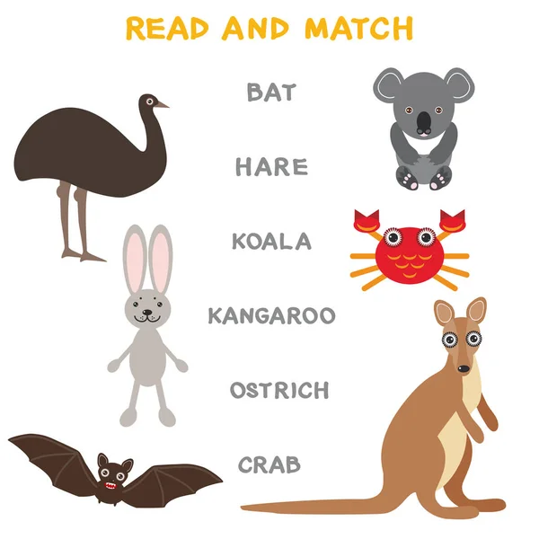 Crianças Palavras Aprendendo Planilha Jogo Ler Combinar Animais Engraçados Morcego — Vetor de Stock