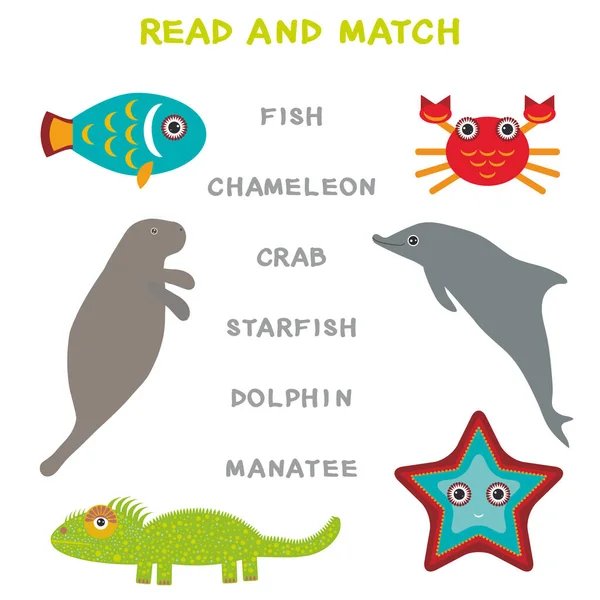 Kinder Wörter Lernspiel Arbeitsblatt Lesen Und Übereinstimmen Lustige Tiere Seekuh — Stockvektor