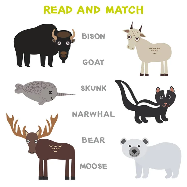 Kinder Wörter Lernspiel Arbeitsblatt Lesen Und Übereinstimmen Lustige Tiere Bison — Stockvektor