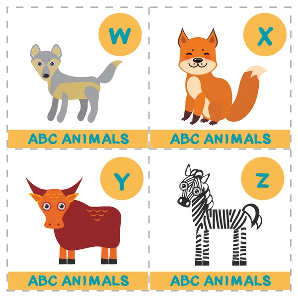 Abc Alphabet Kids Set Funny Wolf Yak Fox Zebra Cartoon — Stock Vector