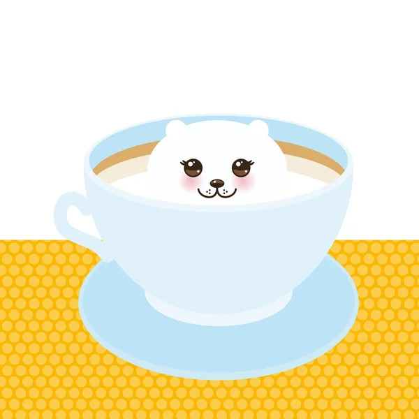 Lindo Gato Kawai Taza Azul Café Arte Espuma Arte Del — Vector de stock