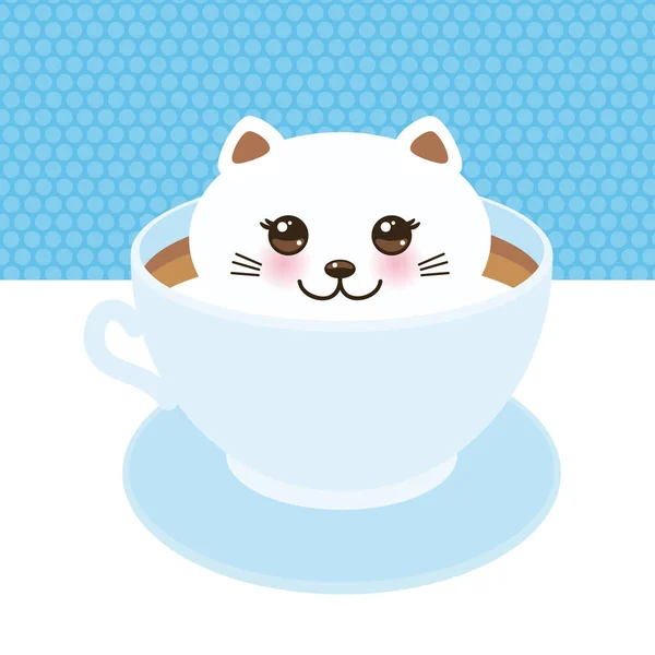 Cute Kawai Cat Blue Cup Froth Art Coffee Coffee Art — Stock Vector