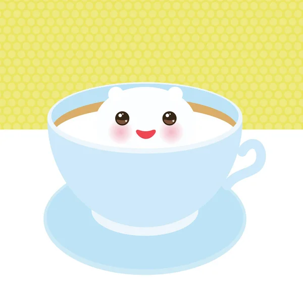 Lindo Gato Kawai Taza Azul Café Arte Espuma Aislado Sobre — Vector de stock