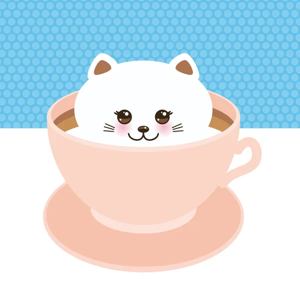 可爱的河面猫在粉红色的泡沫艺术咖啡杯 咖啡艺术隔离在白色蓝色背景 拿铁艺术3D 牛奶泡沫顶部的热咖啡或巧克力杯 向量例证 — 图库矢量图片