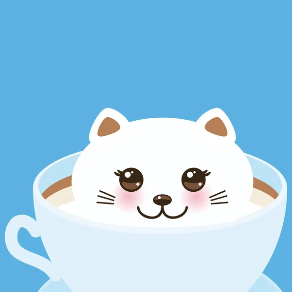 แมว Kawai กในถ วยส าเง นของกาแฟศ ลปะฟอง ลปะกาแฟแยกจากพ นหล ขาว — ภาพเวกเตอร์สต็อก