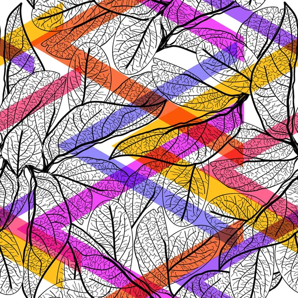 黒葉の輪郭 虹明るいマゼンタ ピンク オレンジ紫色のライラック現代流行をストリップします シームレスな花柄に 手描き サイト ブログ ファブリックの幾何学的な抽象的な背景 ベクトル図 — ストックベクタ