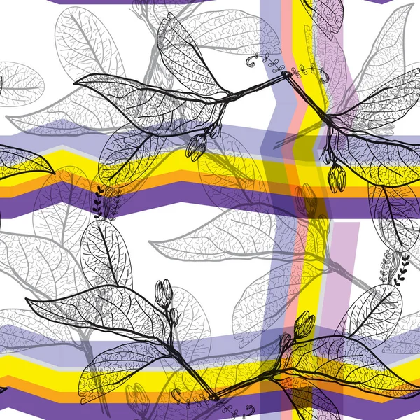 叶黑色轮廓 彩虹明亮的黄色橙色淡紫色现代时尚背景 花卉无缝图案 几何抽象背景为网站 向量例证 — 图库矢量图片