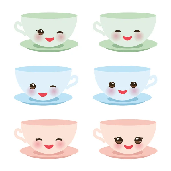 Lindo Azul Rosa Verde Kawaii Conjunto Taza Café Con Mejillas — Archivo Imágenes Vectoriales