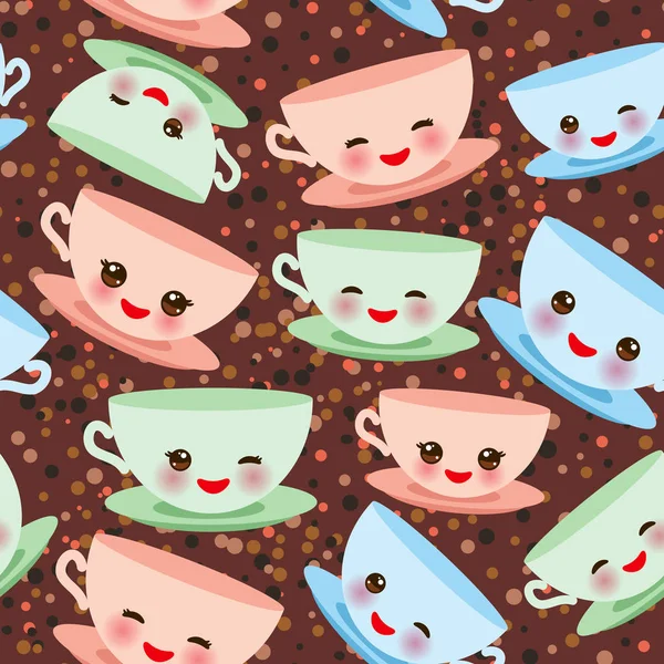 Seamless Pattern Cute Blue Pink Green Kawai Cup Coffee Tea — 图库矢量图片