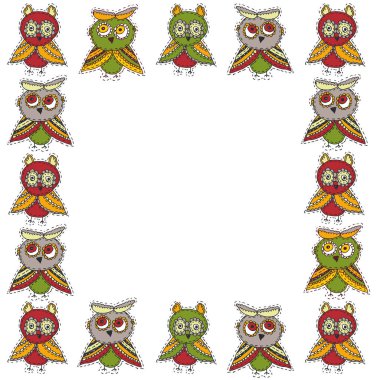 kare kare Cute Karikatür baykuşlar karakterler ve beyaz arka plan üzerinde izole yeşil kahverengi koyu kırmızı Bordo kuşlar kroki owlets doodle. Vektör çizim