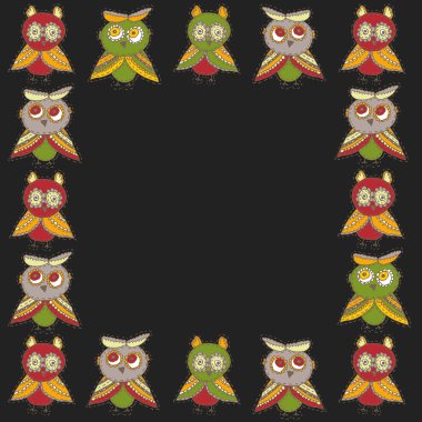 kare kare Cute Karikatür baykuşlar karakterler ve kuşlar kroki owlets yeşil kahverengi koyu kırmızı siyah arka plan üzerine Bordo doodle. Vektör çizim