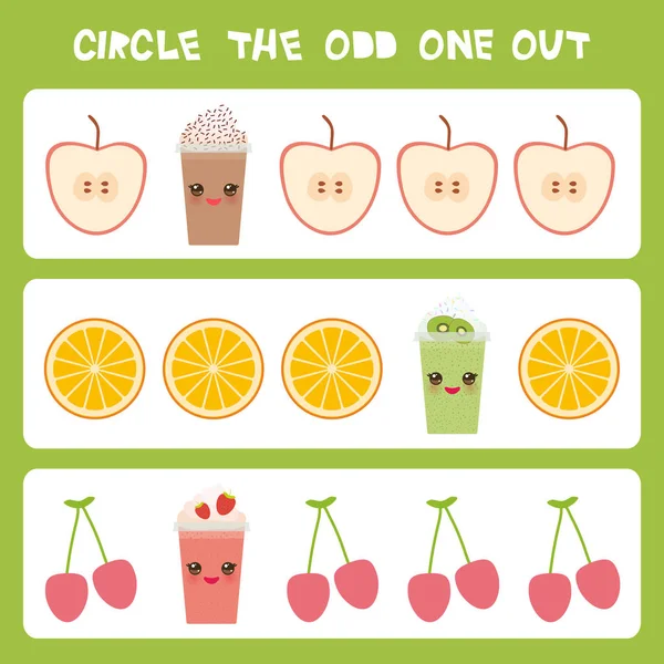 视觉逻辑谜题圈出奇数一个 川井五颜六色的苹果咖啡冰沙橙色樱桃与粉红色的脸颊和眨眼的眼睛 柔和的颜色在白色的背景 向量例证 — 图库矢量图片