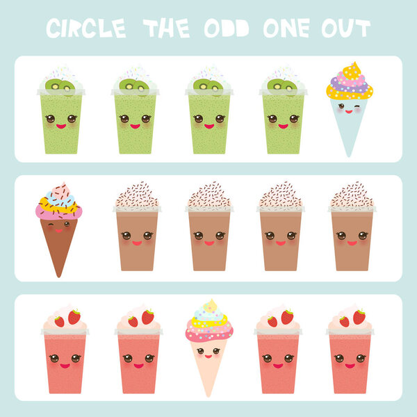 Visual logic puzzle Circle the odd one out. Kawaii colorful coffee kiwi strawberry smoothies, ice cream cone with pink cheeks and winking eyes, pastel colors on blue background. Vector illustration