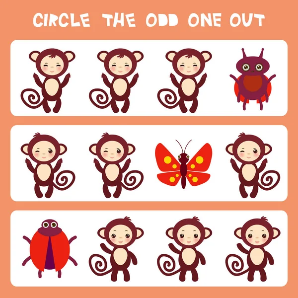 Visual Logic Puzzle Circle Odd One Out Kawaii Brown Monkey — Stock Vector