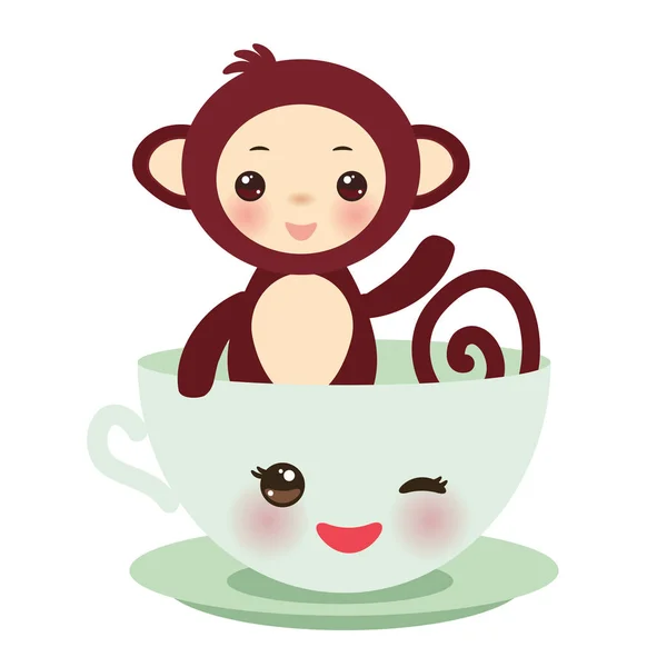 Cute Kawai Copo Rosa Com Macaco Marrom Isolado Fundo Branco — Vetor de Stock