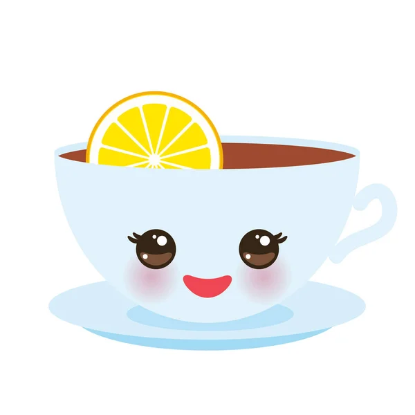 Cute Blue Kawai Cup Lemon Slice Isolated White Background Templat - Stok Vektor