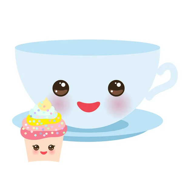 Carino Azzurro Kawai Tazza Cupcake Isolato Sfondo Bianco Illustrazione Vettoriale — Vettoriale Stock