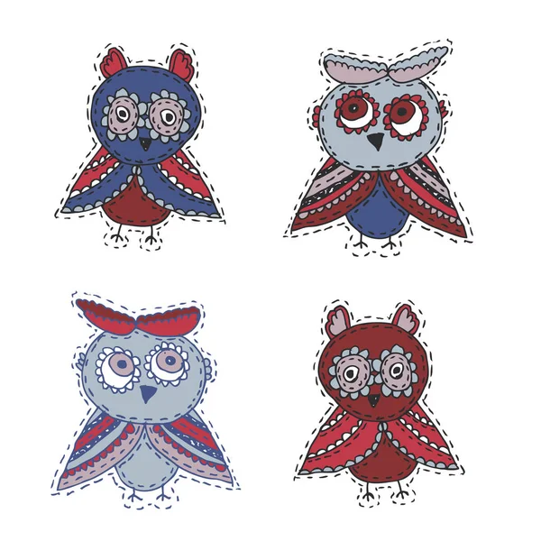 Set Cute Tekens Cartoon Uilen Owlets Vogels Schets Doodle Blauwe — Stockvector