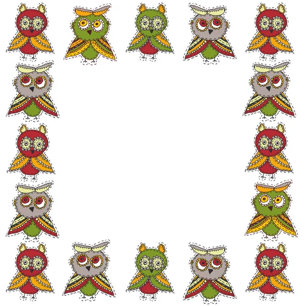 Vierkante Frame Cute Cartoon Uilen Tekens Owlets Vogels Schets Doodle — Stockvector