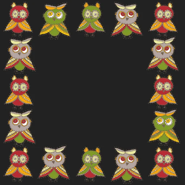 Τετράγωνο Πλαίσιο Χαριτωμένο Χαρακτήρες Κινουμένων Σχεδίων Κουκουβάγιες Και Owlets Πτηνών — Διανυσματικό Αρχείο