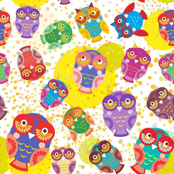 Seamless Pattern Bright Colorful Cute Owls White Background Funny Birds — Stock Vector