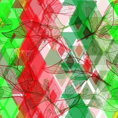 Çizilmiş kontür, parlak kırmızı pembe yeşil ultragreen modern trendy çiçek seamless modeli, bırakır. Site, blog, kumaş için geometrik arka plan. Vektör çizim