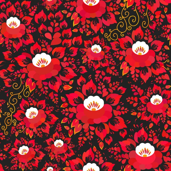 Vintage Shabby Chic Seamless Pattern Red Orange Flowers Leaves Black — Stock Vector