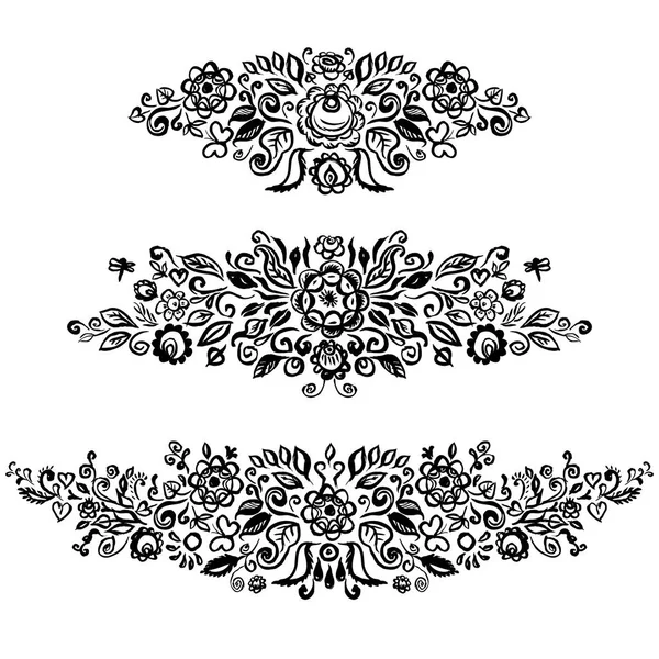 Folk Art Black Floral Ornament Set White Background Vintage Elegant — Stock Vector