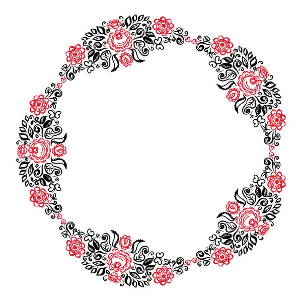 美丽的卡片与一个圆的夏天花圈的不同的花民间艺术花卉装饰复古典雅婚礼邀请红色黑色查出在白色背景 向量例证 — 图库矢量图片