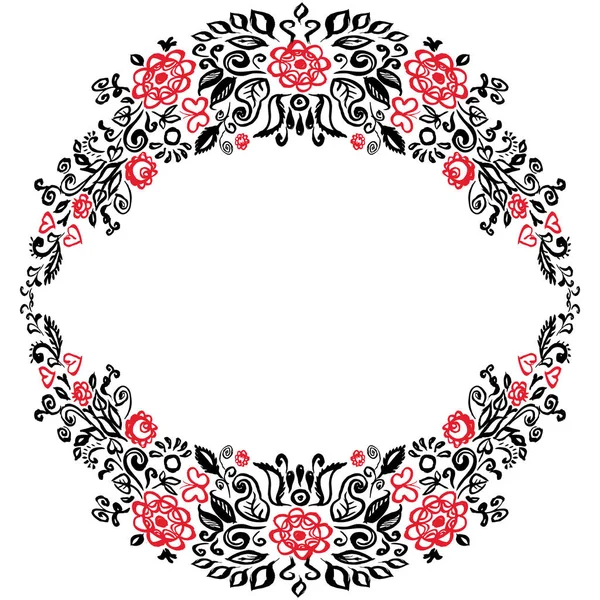 別花民芸花飾りヴィンテージ エレガントな結婚式の招待状赤黒白い背景で隔離のラウンド夏花輪で美しいカードです ベクトル図 — ストックベクタ